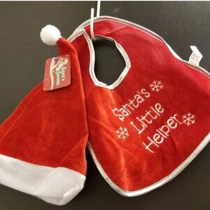 Embroidered Baby's Bib Christmas Red Santa Hat White Pompom and Trim